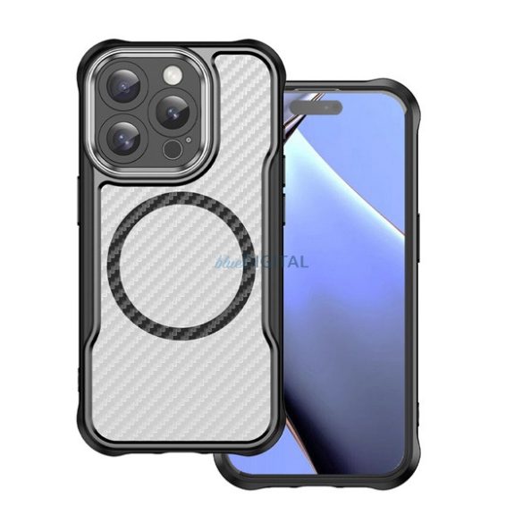 Szilikon telefonvédő (ütésállóság, légpárnás sarok, kameravédő, karbon minta, MagSafe) FEKETE Apple iPhone 16 Pro