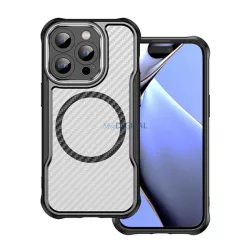   Szilikon telefonvédő (ütésállóság, légpárnás sarok, kameravédő, karbon minta, MagSafe) FEKETE Apple iPhone 14 Pro