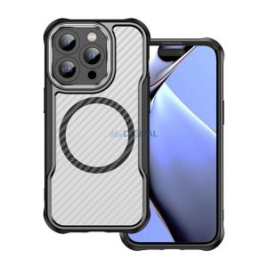 Szilikon telefonvédő (ütésállóság, légpárnás sarok, kameravédő, karbon minta, MagSafe) FEKETE Apple iPhone 14 Pro
