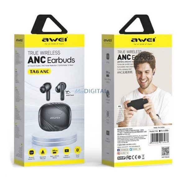 AWEI TA6 bluetooth fülhallgató SZTEREO (v5.4, TWS, aktív zajszűrő, mikrofon + töltőtok) FEKETE