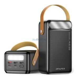 AWEI P101K vésztöltő 3 USB+2 Type-C aljzat (60000mAh, 22.5W, PD gyorstöltő, LED kijelző, LED lámpa) FEKETE