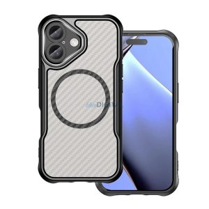 Szilikon telefonvédő (ütésállóság, légpárnás sarok, kameravédő, karbon minta, MagSafe) FEKETE Apple iPhone 16 Plus