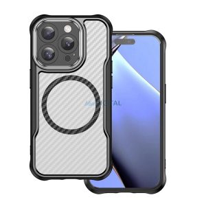 Szilikon telefonvédő (ütésállóság, légpárnás sarok, kameravédő, karbon minta, MagSafe) FEKETE Apple iPhone 16 Pro Max