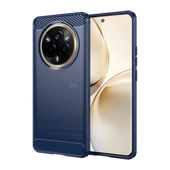 Szilikon telefonvédő (ütésállóság, légpárnás sarok, szálcsiszolt, karbon minta) SÖTÉTKÉK Realme 14 Pro