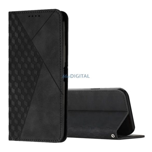 Tok álló, bőr hatású (FLIP, oldalra nyíló, asztali tartó, 3D rombusz, prémium) FEKETE Realme 14 Pro Plus