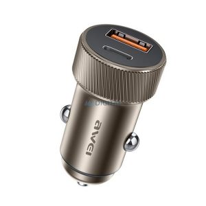 AWEI C-857 autós töltő USB+Type-C aljzat (33W, PD gyorstöltő) BARNA
