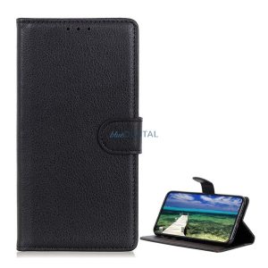Tok álló, bőr hatású (FLIP, oldalra nyíló, asztali tartó, prémium) FEKETE Xiaomi Redmi Note 14 4G