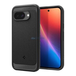 SPIGEN RUGGED ARMOR szilikon telefonvédő (ütésállóság, légpárnás sarok, karbon minta, MagSafe) FEKETE Google Pixel 9a