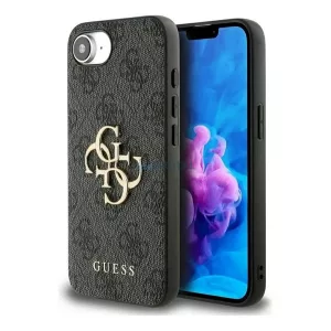 GUESS PU 4G METAL LOGO CASE műanyag telefonvédő (ütésállóság, bőr hatású hátlap) SÖTÉTSZÜRKE Apple iPhone 16e