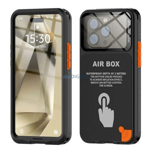 SHELLBOX AIRBOX 6.1 vízhatlan/vízálló tok, AQUA (IP68, erős ütésállóság, 6.1" méret) FEKETE Apple iPhone 16, iPhone 15 Pro, iPhone 15