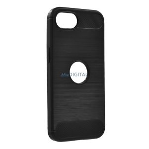 Szilikon telefonvédő (ütésállóság, légpárnás sarok, szálcsiszolt, karbon minta, logó kivágás) FEKETE Apple iPhone 16e