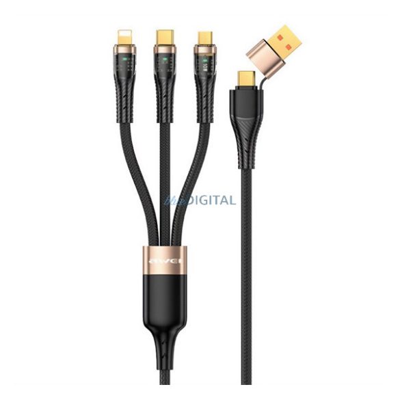 AWEI töltőkábel 3in2 (Type-C/USB - lightning/Type-C, microUSB, 100W, wireless, gyorstöltő, 120cm) FEKETE