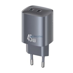 USAMS hálózati töltő 2 Type-C aljzat (45W, GaN, PD gyorstöltő 3.0) SÖTÉTSZÜRKE