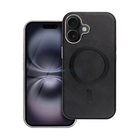 Szilikon telefonvédő (ECO bőr hatású hátlap, karcolásmentesítő belső, fém kameravédő, MagSafe, prémium) FEKETE Apple iPhone 11