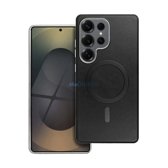 Szilikon telefonvédő (ECO bőr hatású hátlap, karcolásmentesítő belső, fém kameravédő, MagSafe, prémium) FEKETE Samsung Galaxy S25 Ultra (SM-S938)