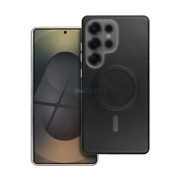 Szilikon telefonvédő (ECO bőr hatású hátlap, karcolásmentesítő belső, fém kameravédő, MagSafe, prémium) FEKETE Apple iPhone 16 Pro