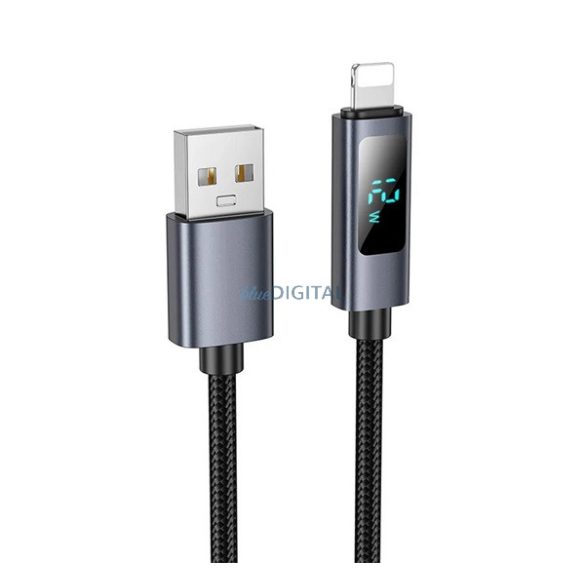HOCO X112 adatkábel (USB - lightning, 2.4A, gyorstöltő, 100cm, LED kijelző, cipőfűző) FEKETE