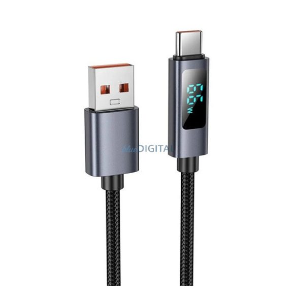HOCO X112 adatkábel (USB - Type-C, 5A, gyorstöltő, 100cm, LED kijelző, cipőfűző) FEKETE