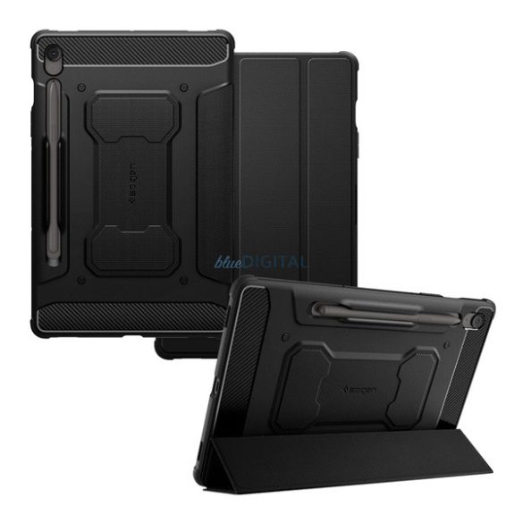 SPIGEN RUGGED ARMOR PRO tok álló (aktív FLIP, ütésállóság, TRIFOLD, asztali tartó, ceruza tartó) FEKETE Samsung Galaxy Tab S10 FE Plus WIFI (SM-X626), Galaxy Tab S10 FE Plus LTE (SM-X620)