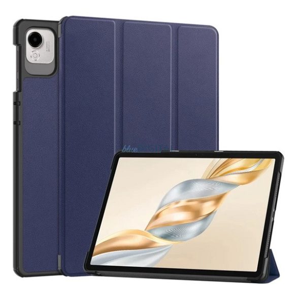 Tok álló, bőr hatású (aktív FLIP, oldalra nyíló, TRIFOLD, asztali tartó) SÖTÉTKÉK Honor Pad X9a