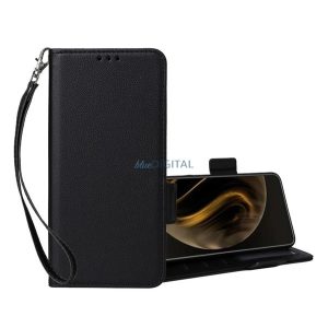Tok álló, bőr hatású (FLIP, oldalra nyíló, asztali tartó, prémium + kézpánt) FEKETE Realme GT 7 5G