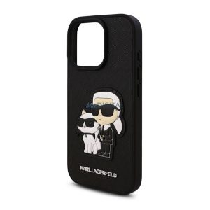 KARL LAGERFELD PU SAFFIANO KARL AND CHOUPETTE szilikon telefonvédő (ütésállóság, bőr hatású hátlap, 3D) FEKETE Apple iPhone 16 Pro