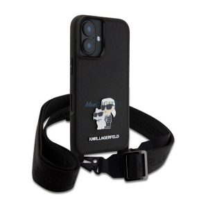 KARL LAGERFELD SAFFIANO CROSSBODY STRAP METAL KARL AND CHOUPETTE szilikon telefonvédő (ütésállóság, nyakpánt) FEKETE Apple iPhone 16