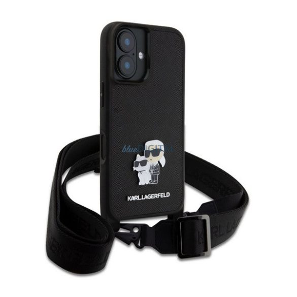 KARL LAGERFELD SAFFIANO CROSSBODY STRAP METAL KARL AND CHOUPETTE szilikon telefonvédő (ütésállóság, nyakpánt) FEKETE Apple iPhone 16