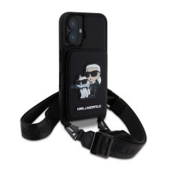   KARL LAGERFELD SAFFIANO CROSSBODY STRAP szilikon telefonvédő (ütésállóság, nyakpánt, kártyatartó) FEKETE Apple iPhone 16