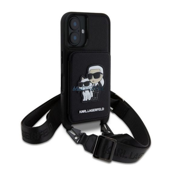 KARL LAGERFELD SAFFIANO CROSSBODY STRAP szilikon telefonvédő (ütésállóság, nyakpánt, kártyatartó) FEKETE Apple iPhone 16