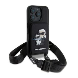   KARL LAGERFELD SAFFIANO CROSSBODY STRAP szilikon telefonvédő (ütésállóság, nyakpánt, kártyatartó) FEKETE Apple iPhone 16 Pro