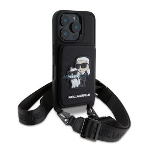 KARL LAGERFELD SAFFIANO CROSSBODY STRAP szilikon telefonvédő (ütésállóság, nyakpánt, kártyatartó) FEKETE Apple iPhone 16 Pro