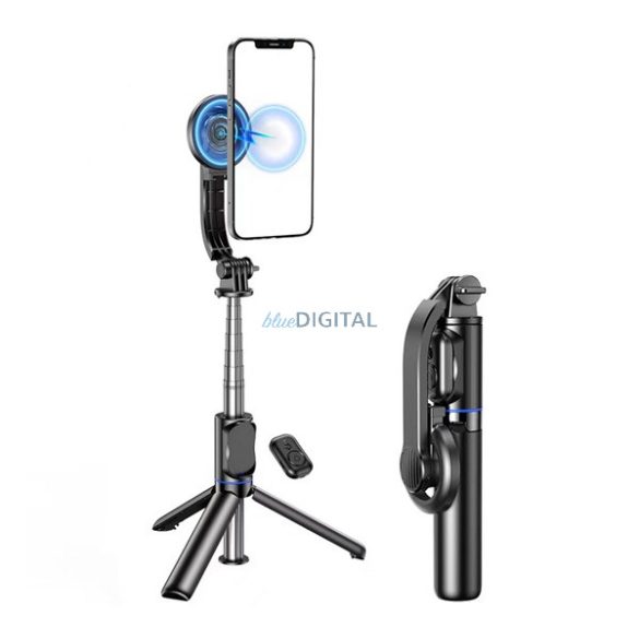 AWEI szelfibot (univerzális, tripod állvány, mágneses, állítható, bluetooth távkioldó, 104cm) FEKETE