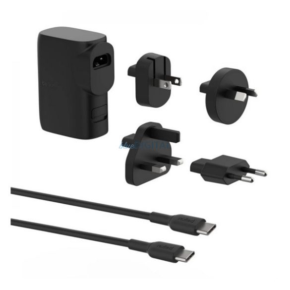 BELKIN BOOST CHARGE HYBRID utazó töltő USB+Type-C aljzat (25W, beépített 5000mAh akku,  EU, UK, US, AU) FEKETE