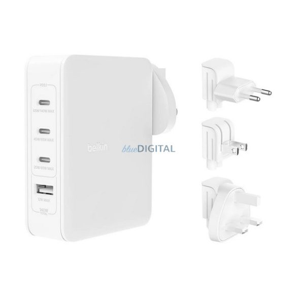 BELKIN BOOST CHARGE PRO utazó töltő USB+3 Type-C aljzat (140W, GaN, gyorstöltés, EU, UK, US) FEHÉR