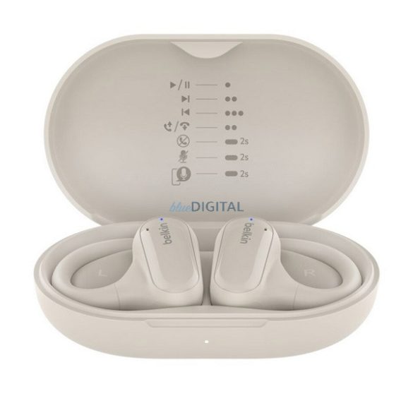 BELKIN SOUNDFORM CLARFIT bluetooth fülhallgató SZTEREO (v5.3, TWS, mikrofon, fülre akasztható, IPX5 + töltőtok) BÉZS