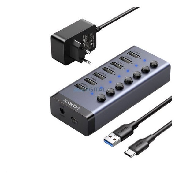 UGREEN CM481 Type-C HUB 7in1 (elosztó, 7 USB aljzat, 2A, 100cm) FEKETE