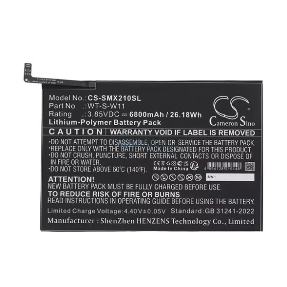 CAMERON SINO Li-Polymer akku (3.85V / 6800mAh, Samsung WT-S-W11 kompatibilis) FEKETE Samsung Galaxy Tab A9 Plus 5G (SM-X216), Galaxy Tab A9 Plus WIFI (SM-X210)