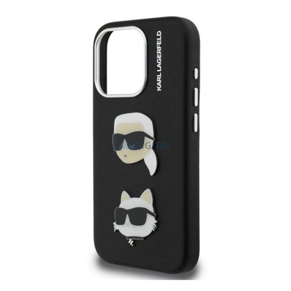 KARL LAGERFELD GRAINED PU K&CH HEADS szilikon telefonvédő (ütésállóság, bőr hatású hátlap, 3D) FEKETE Apple iPhone 15 Pro