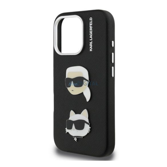 KARL LAGERFELD GRAINED PU K&CH HEADS szilikon telefonvédő (ütésállóság, bőr hatású hátlap, 3D) FEKETE Apple iPhone 16 Pro