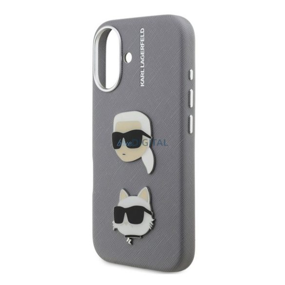 KARL LAGERFELD GRAINED PU K&CH HEADS szilikon telefonvédő (ütésállóság, bőr hatású hátlap, 3D) VILÁGOSSZÜRKE Apple iPhone 16