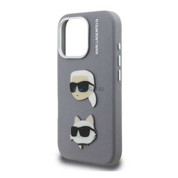 KARL LAGERFELD GRAINED PU K&CH HEADS szilikon telefonvédő (ütésállóság, bőr hatású hátlap, 3D) VILÁGOSSZÜRKE Apple iPhone 16 Pro