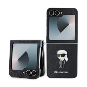 KARL LAGERFELD PU SAFFIANO MONOGRAM IKONIK szilikon telefonvédő (ütésállóság, bőr hatású hátlap, 3D) FEKETE Samsung Galaxy Z Flip6 (SM-F741)