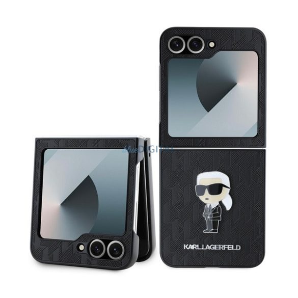 KARL LAGERFELD PU SAFFIANO MONOGRAM IKONIK szilikon telefonvédő (ütésállóság, bőr hatású hátlap, 3D) FEKETE Samsung Galaxy Z Flip6 (SM-F741)