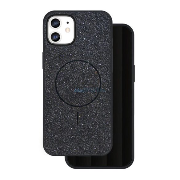 Szilikon telefonvédő (műanyag hátlap, kameravédő, MagSafe, csillogó) FEKETE Apple iPhone 11