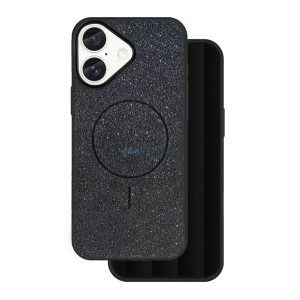Szilikon telefonvédő (műanyag hátlap, kameravédő, MagSafe, csillogó) FEKETE Apple iPhone 16e