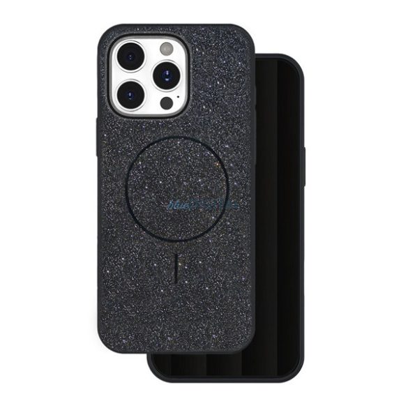 Szilikon telefonvédő (műanyag hátlap, kameravédő, MagSafe, csillogó) FEKETE Apple iPhone 14 Pro