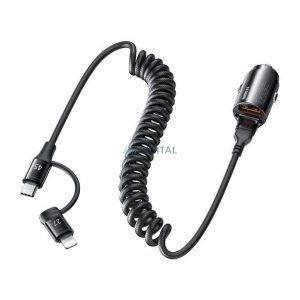 REMAX RUICHY autós töltő USB aljzat (45W, PD gyorstöltő + fix spirál Type-C - lightning kábel) FEKETE
