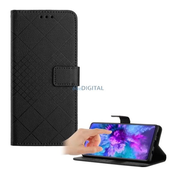 Tok álló, bőr hatású (FLIP, oldalra nyíló, asztali tartó, négyzet, prémium) FEKETE Motorola Moto G56 (XT2529)