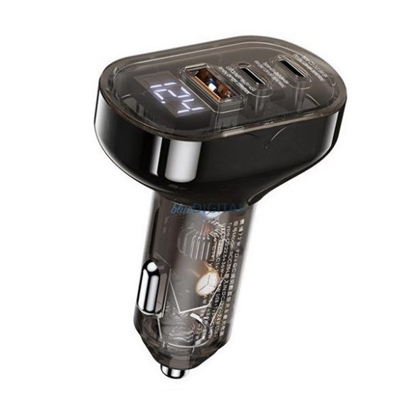 REMAX CYBO autós töltő 2 USB+Type-C aljzat (72W, PD gyorstöltő, LED kijelző, átlátszó) FEKETE